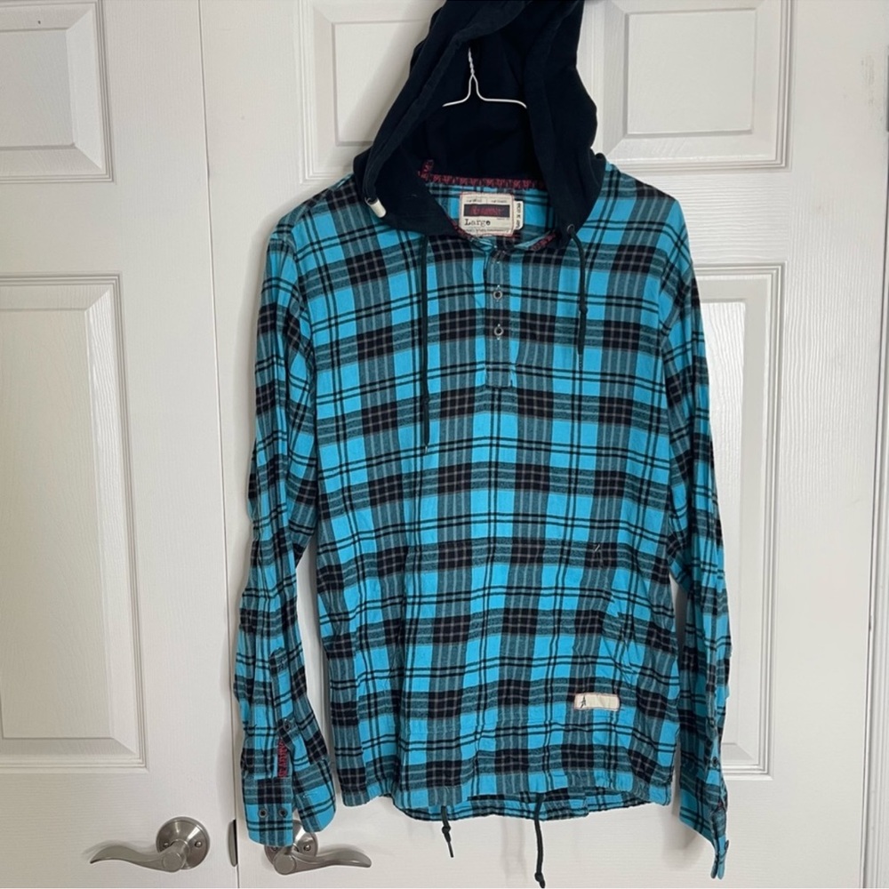 Altamont Blue Black Plaid Flannel Cotton Henley Hoodie L